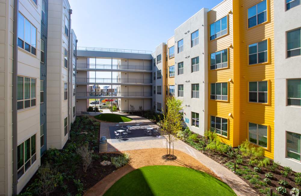 Courtyard and lawn at The Jordan at Mueller in Austin, Texas