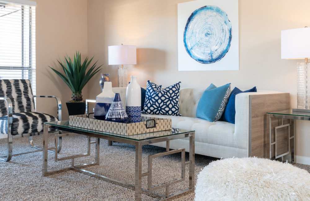 Bright living room at Highlands Creek Apartments in Dallas,Texas