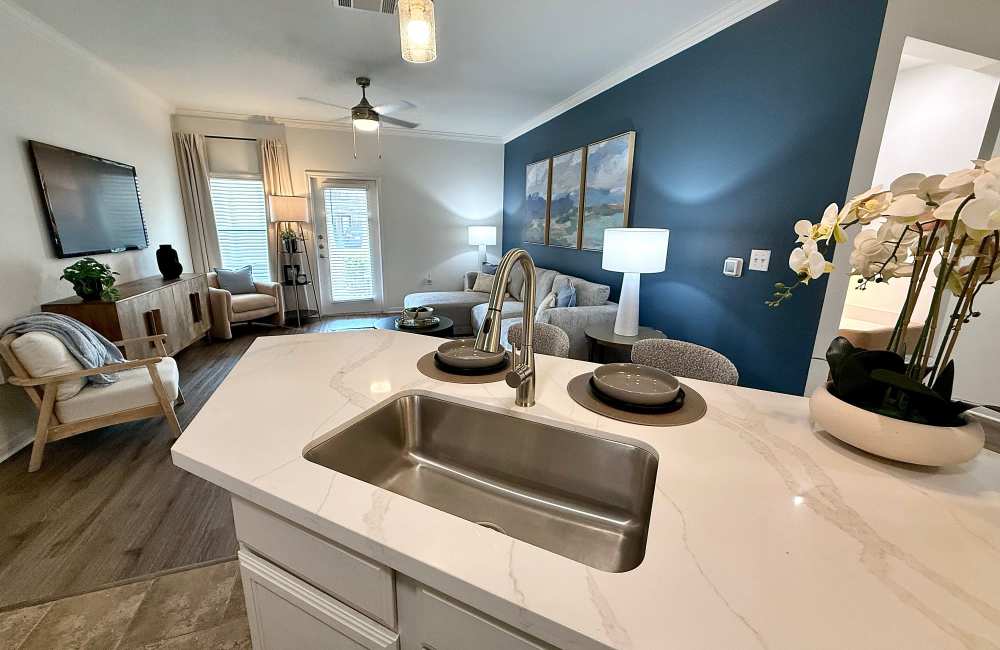 Modern room with couch at The Abbey at Park Lakes in Humble, Texas 