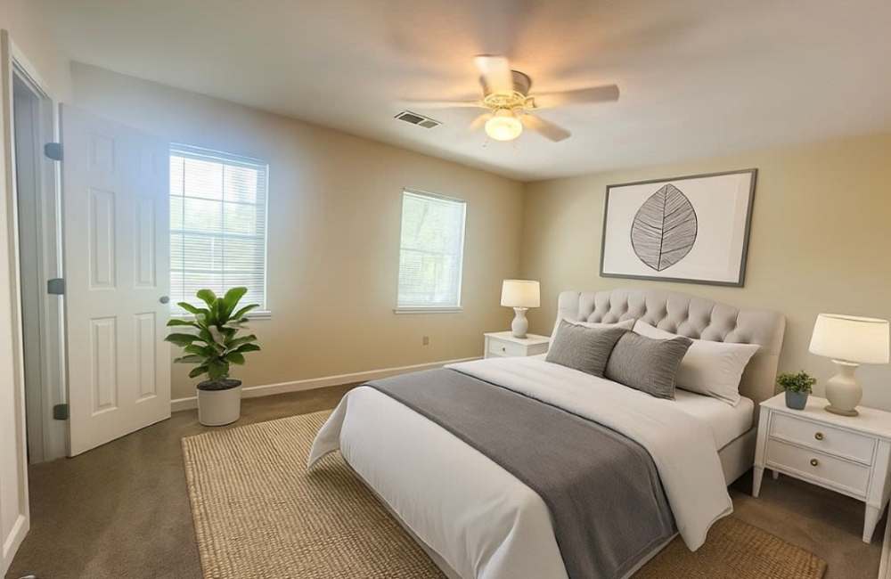 Well-lit bedroom with air conditioining at Tabby Villa Apartments in Savannah, Georgia