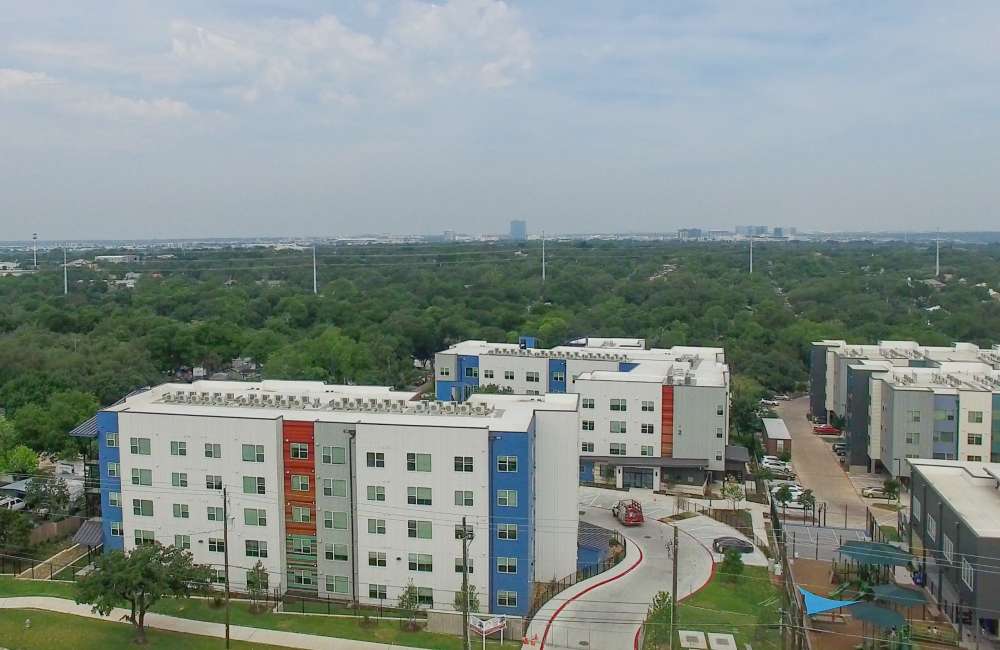 Drone shot of community apartment at Juniper Creek in Austin, Texas