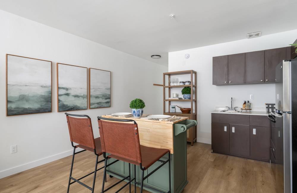Furnished Studio Apartment Kitchen at The Varsity in Centralia, Washington