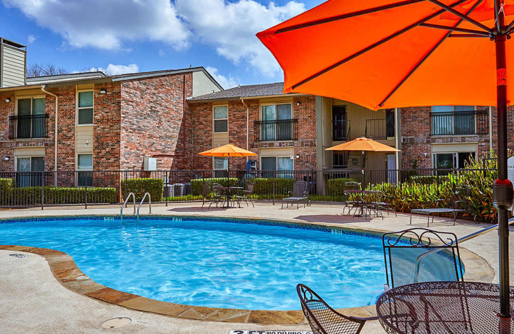 Sparkling swimming pool at Rochelle Plaza in Irving, Texas