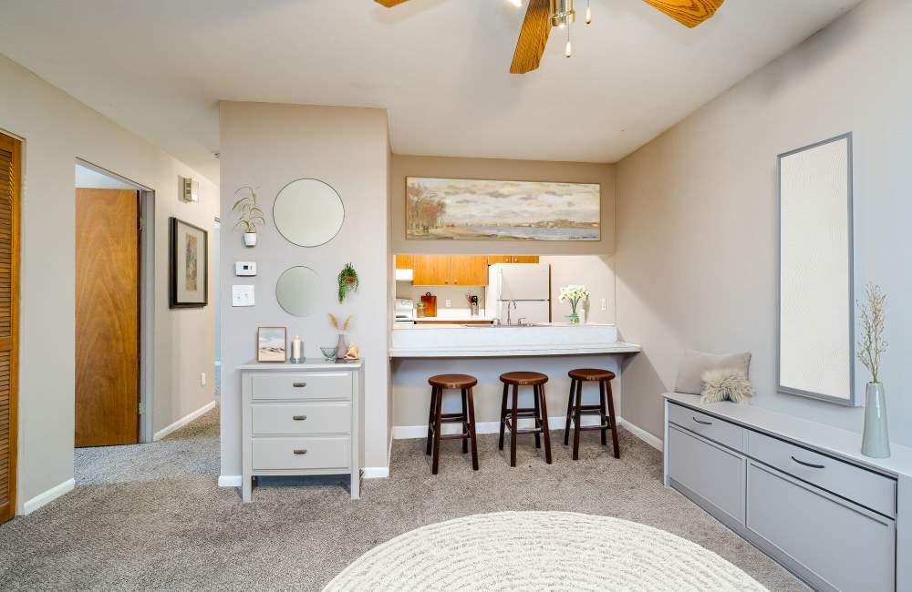 Kitchen with appliances at The Commons at Kettering in Dayton, Ohio