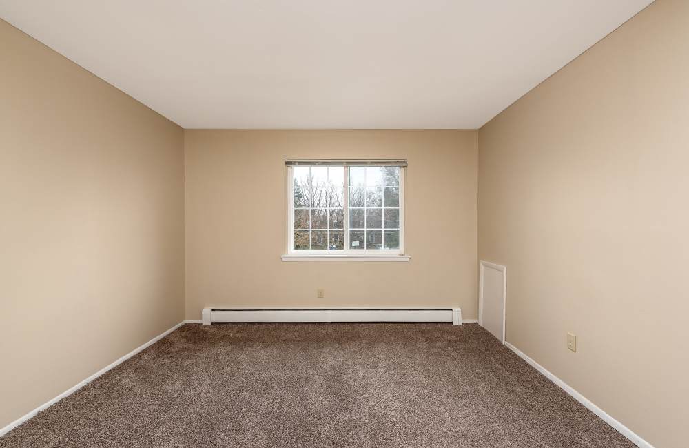Bedroom with plush carpeting at Birch Tree Apartments in Lansing, Michigan