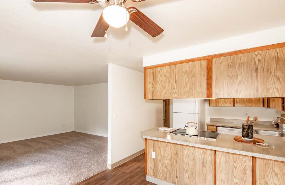 Staged kitchen in Heron Hills Apartment Homes in Gresham, Oregon