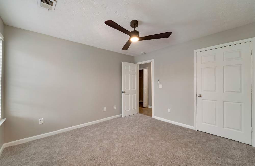 Well-lit living room with a ceiling fan at The Avenue in Cartersville, Georgia