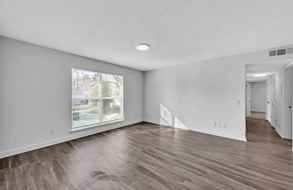 Living room with wood-style flooring at Canebreak Apartments in Summerville, South Carolina