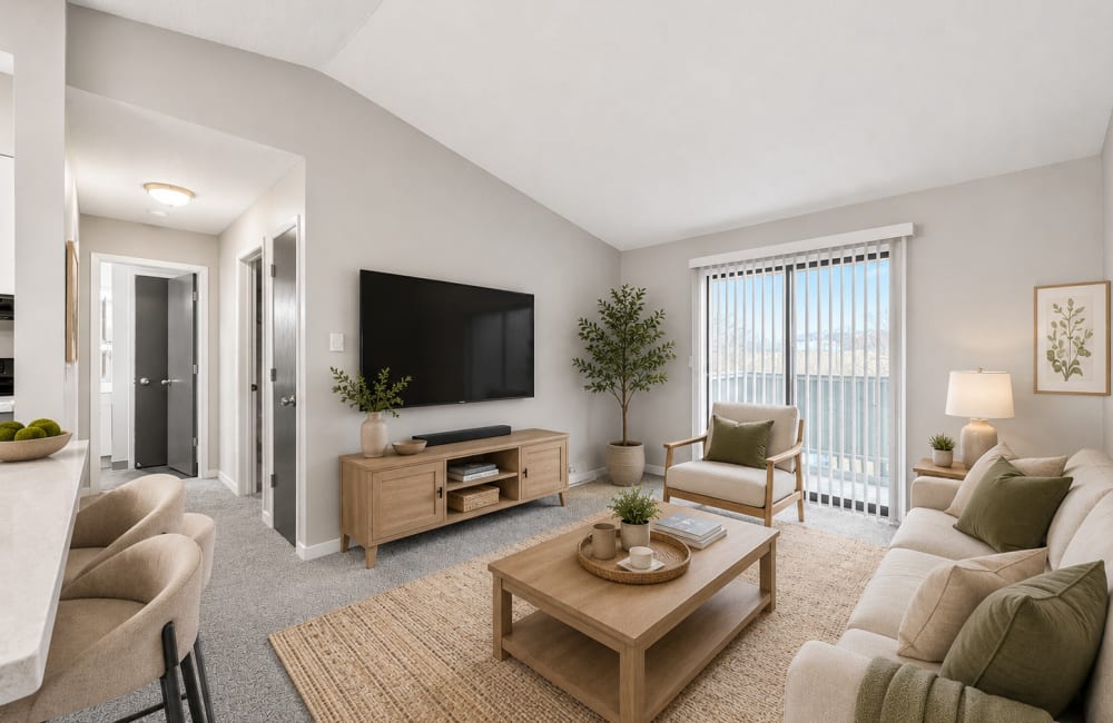 Living room with fireplace at Westwood Apartments in West Des Moines,Iowa