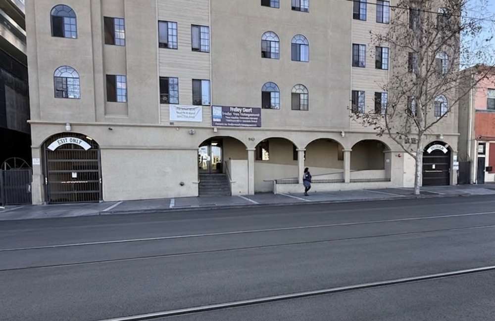 Exterior view of apartments at Trolley Court in San Diego, California