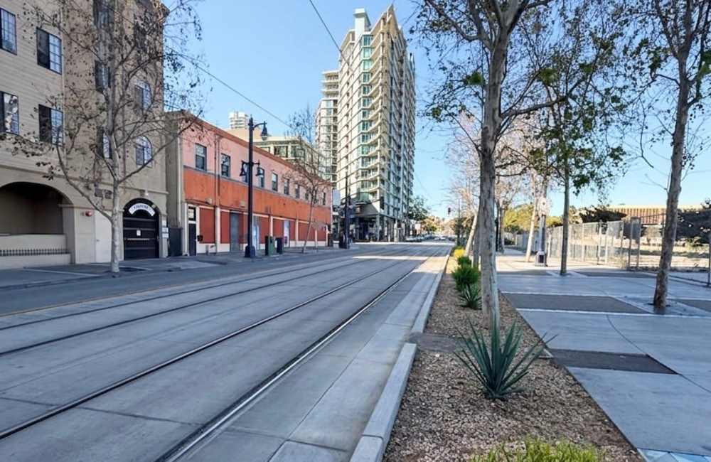 Road view of the community at Trolley Court in San Diego, California