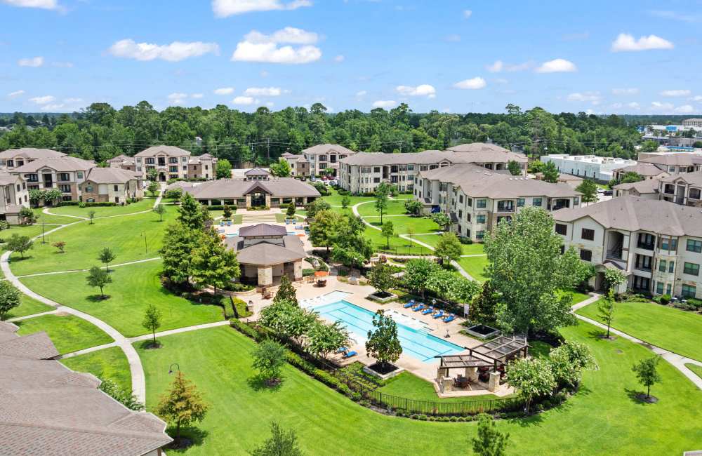 Drone view of full property at The Abbey at Preserve Way in Tomball, Texas