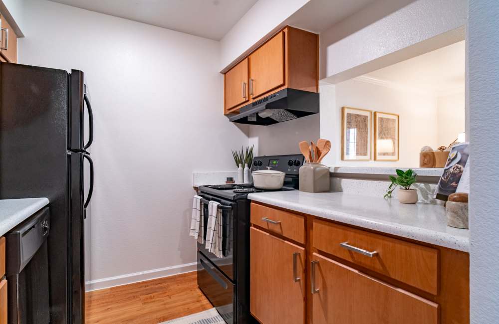 Kitchen with wooden cabinets and black appliances at The Lowell at Mueller in Austin, Texas