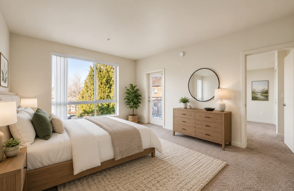 Spacious bedroom with large window, dresser, mirror, and soft neutral decor at North Main Village in Milwaukie, Oregon