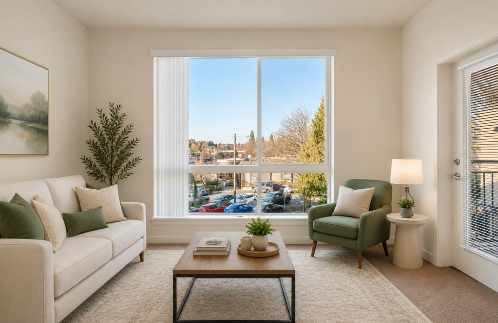 Bright living room with large window, sofa, coffee table, and armchair at North Main Village in Milwaukie, Oregon