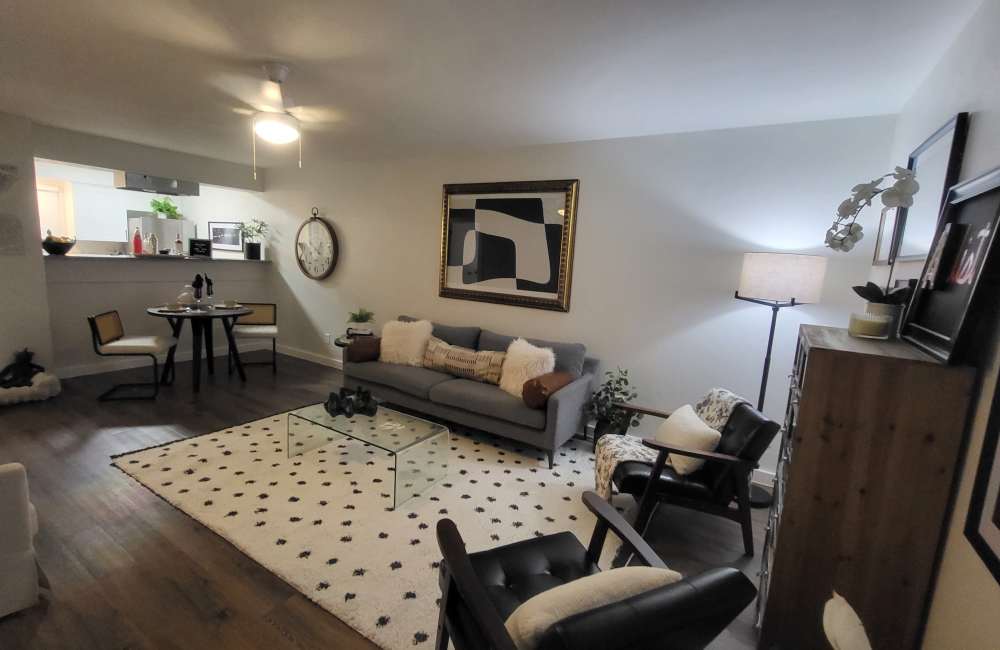 Living room of a one edroom one bath model at The Alista Apartments in Dallas, Texas, 