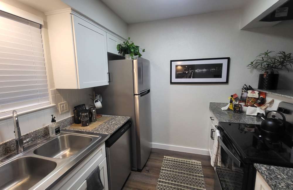 Kitchen in a 1 bed 1 bath model at The Alista Apartments in Dallas, Texas, 