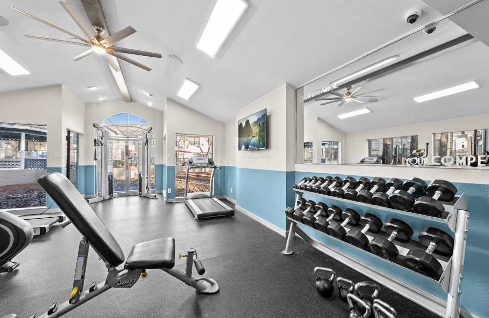 Fully loaded fitness center at The Reston Apartments in Conroe, Texas