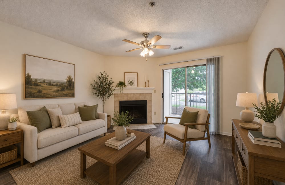 Bright living room with fireplace, sofa, armchair and patio door at Chason Ridge Apartment Homes in Fayetteville, North Carolina