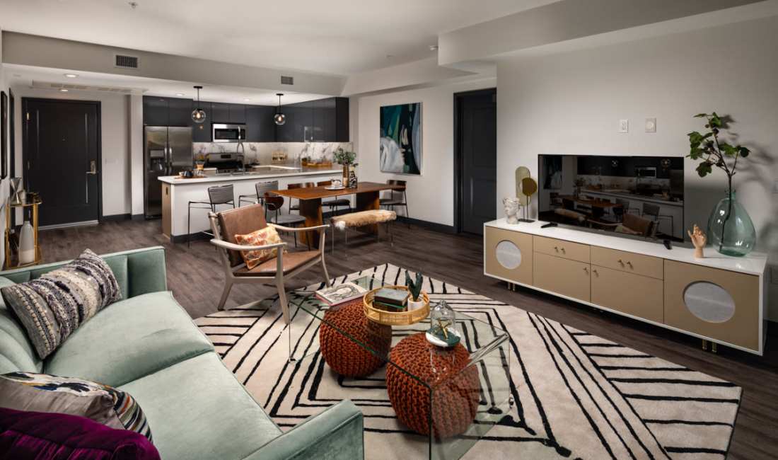 Living room with wooden flooring at Haven Apartments in Los Angeles, California