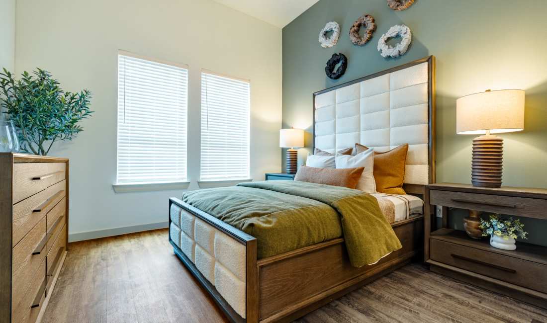 Modern bedroom  with king size bed and large window at Seven17 Lehman in Houston, Texas