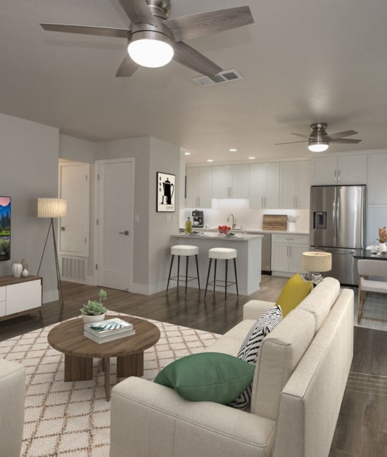 Living room and kitchen area at Meritage Apartments in Lodi, California