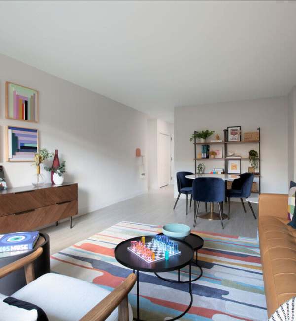 Spacious living room and dining area at J Vue at The LMA in Boston, Massachusetts