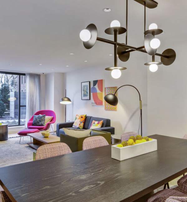Dining area and living room at J Vue at The LMA in Boston, Massachusetts
