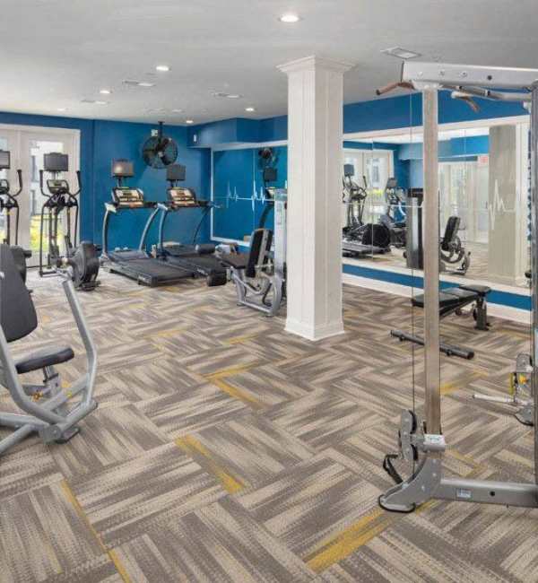 Fitness equipment in a blue room at Ardmore & Twenty Eighth in Atlanta, Georgia