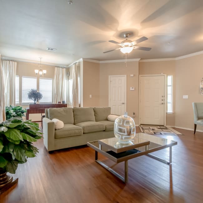 Well-decorated living room in model home at Alon at Castle Hills in San Antonio, Texas