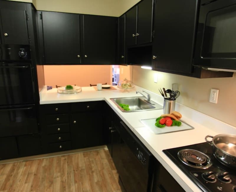 Fully equipped, upgraded kitchen with black cabinetry and wood-style plank flooring at The Canterbury in Columbus, Ohio