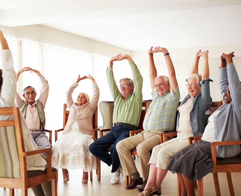 Residents stretching and doing yoga at Towerlight in St. Louis Park, Minnesota. 