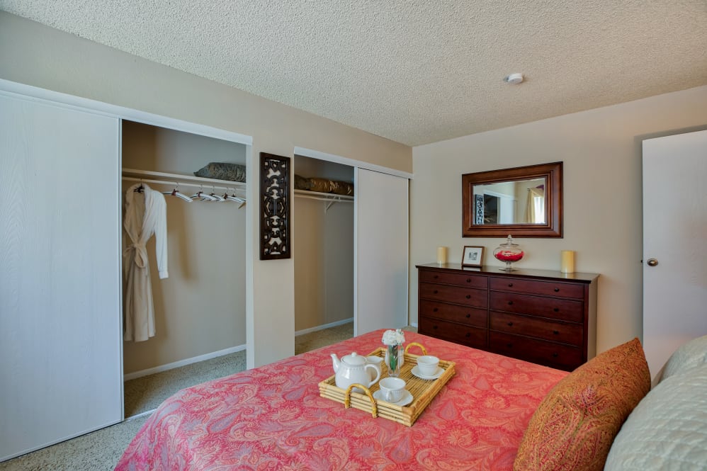 Our Quiet Apartments in Colorado Springs, Colorado showcase a Bedroom with large closets.