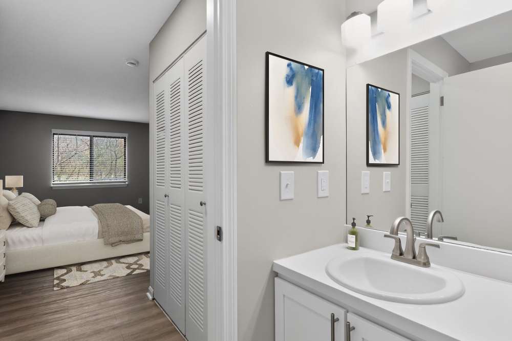 Bathroom linen closet at The Residences at Talcott, an Eagle Rock Community in Weatogue, Connecticut