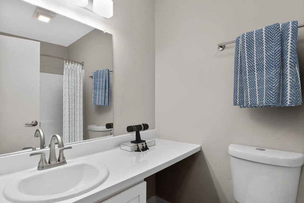 Renovated bathroom with new appliances at The Residences at Talcott, an Eagle Rock Community in Weatogue, Connecticut