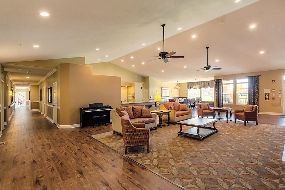 Seating inside of lobby at Pacifica Senior Living Coeur d'Alene in Coeur d'Alene, Idaho
