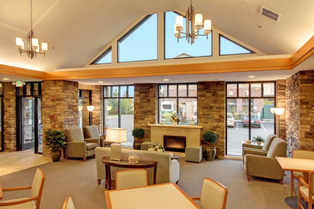 Spacious lobby at Merrill Gardens at Tacoma in Tacoma, Washington. 