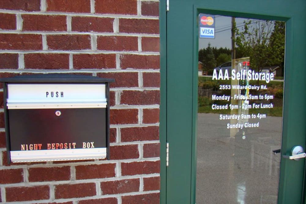 mailbox out front at AAA Self Storage at Willard Dairy Rd in High Point, North Carolina
