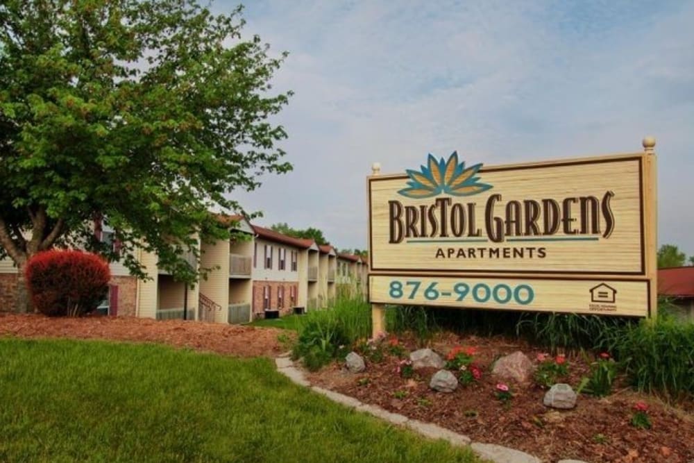 A beautiful apartment sign at Bristol Gardens in Decatur, Illinois