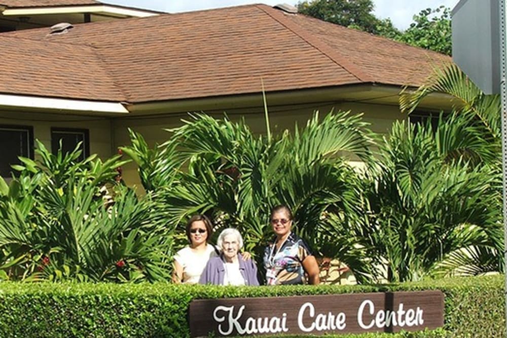 resident and staff outside at Kauai Care Center in Waimea, Hawaii