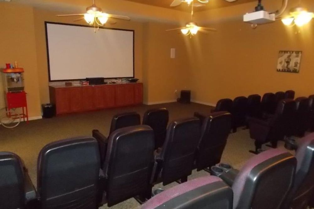 A community theater for movie nights at Woodside Manor in Conroe, Texas