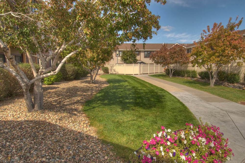 Walkway and landscaping at Northglenn Heights Assisted Living in Northglenn, Colorado.