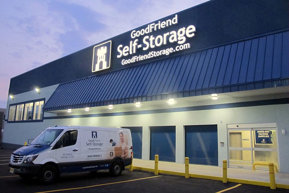 Exterior of our facility with a moving van at GoodFriend Self-Storage North Bergen in North Bergen, New Jersey
