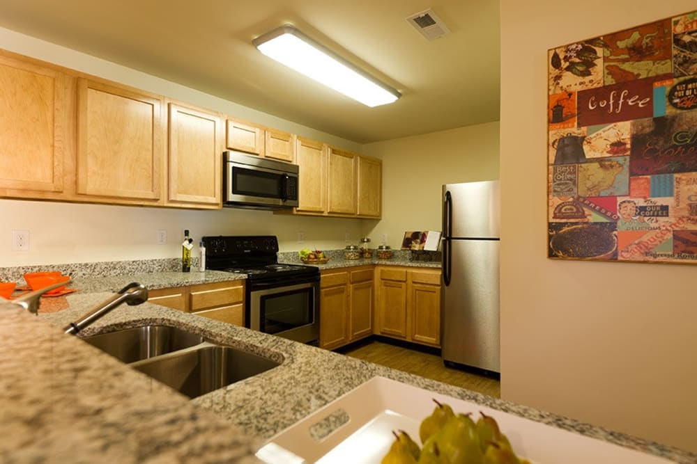 Kitchen with stainless-steel appliances at Lakewood Park Apartments in Lexington, Kentucky