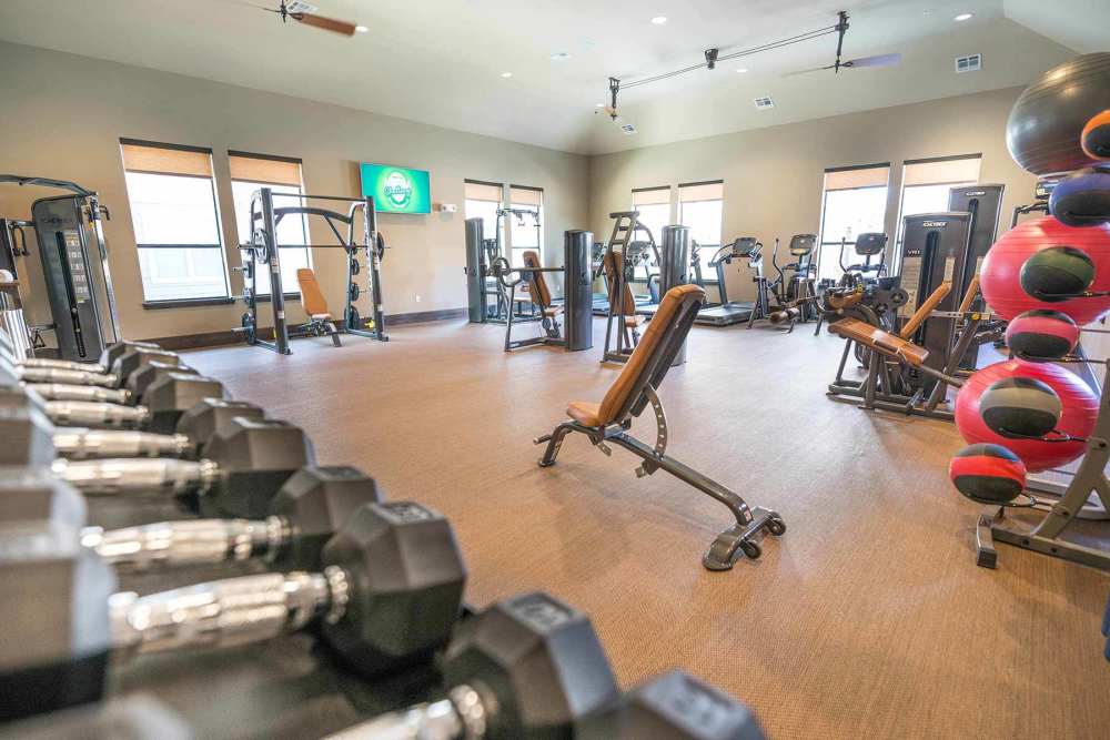 State-of-the-art fitness center with treadmills, weight machines, and ceiling fans at The Abbey at Spring Town Center in Spring, Texas