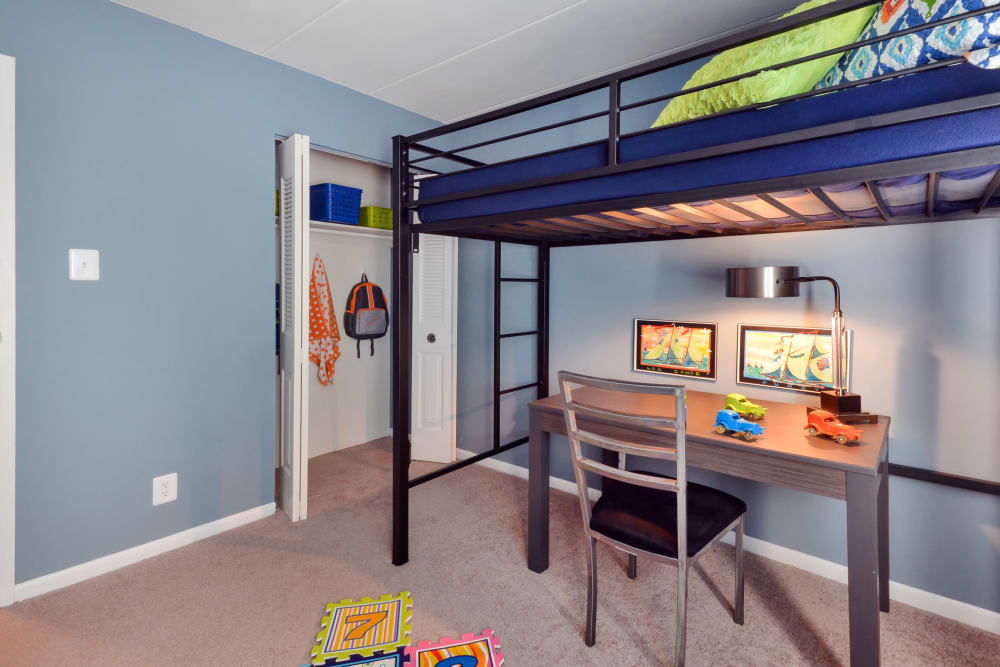 Model bedroom featuring furnishings for a child at William Penn Village Apartment Homes in New Castle, Delaware