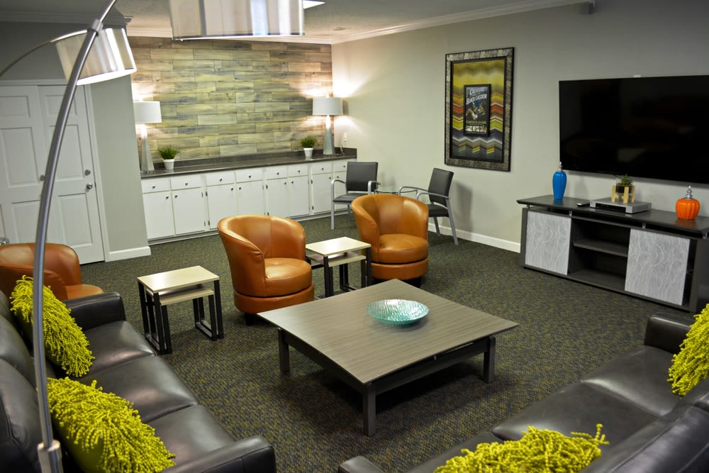 Resident lounge with TV at The Abbey at Regent's Walk in Homewood, Alabama