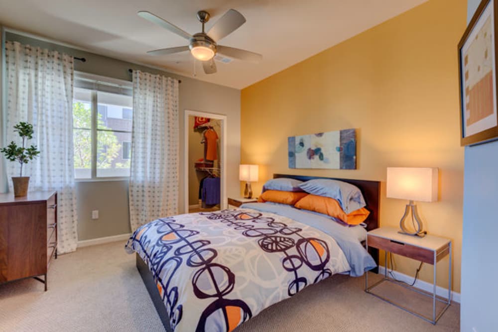 Modern bedroom at apartments in Englewood, CO