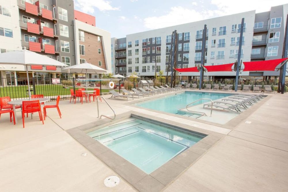 Hot Tub & Swimming Pool at Oxford Station Apartments in Englewood, Colorado