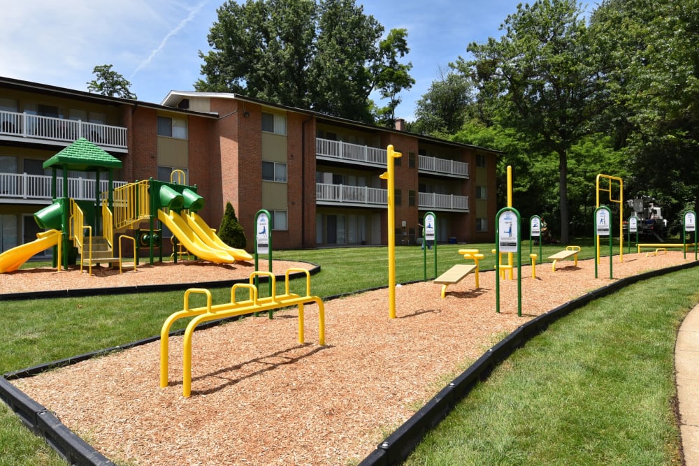 Outdoors heath and fitness equipment at Briarwood Place Apartment Homes in Laurel, Maryland
